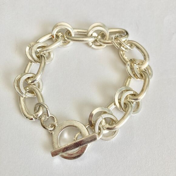 Rolo Curb Link Chain Bracelet with Toggle Clasp Silver Plated Vintage Stock 7.5" - Picture 4 of 8